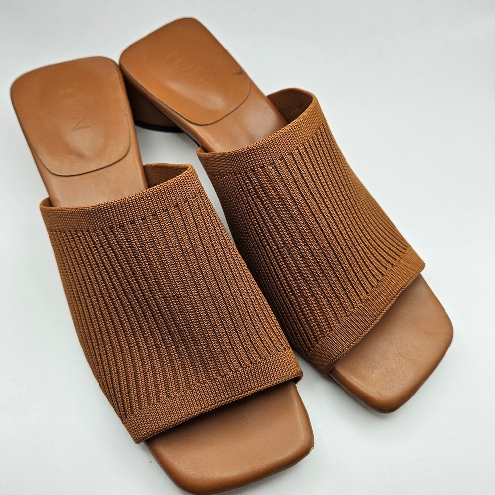 TIJN Katrin Womens Brown Ribbed Knit‎ Square Toe Block Heel Mule Sandals Size 7
